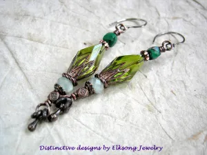 Sea Green Vintage Glass & Gemstone Earrings, Bead Stack Style