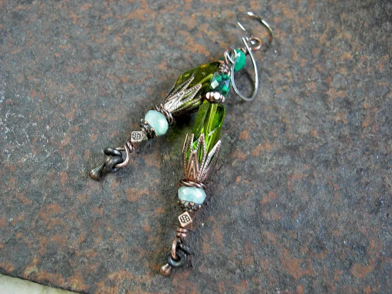 Sea Green Vintage Glass & Gemstone Earrings, Bead Stack Style