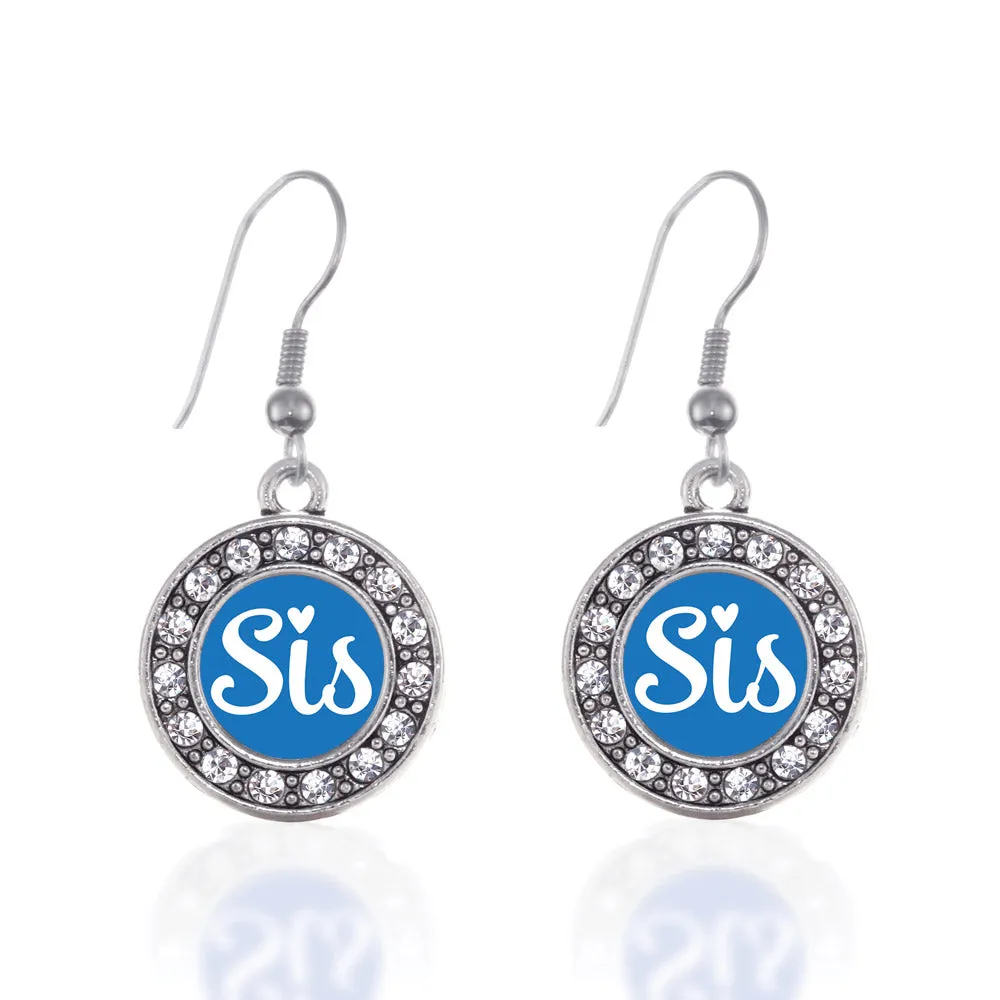 Silver Blue Sis Circle Charm Dangle Earrings