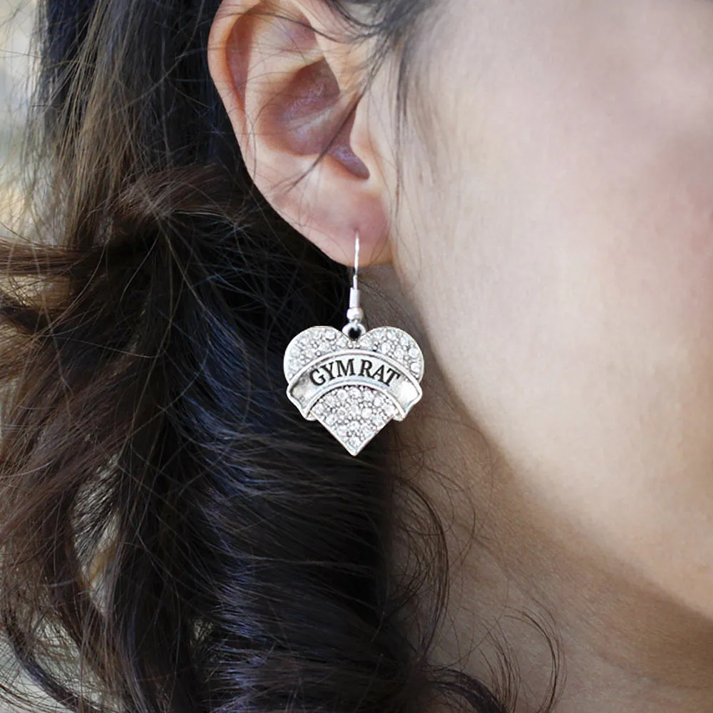Silver Gym Rat Pave Heart Charm Dangle Earrings