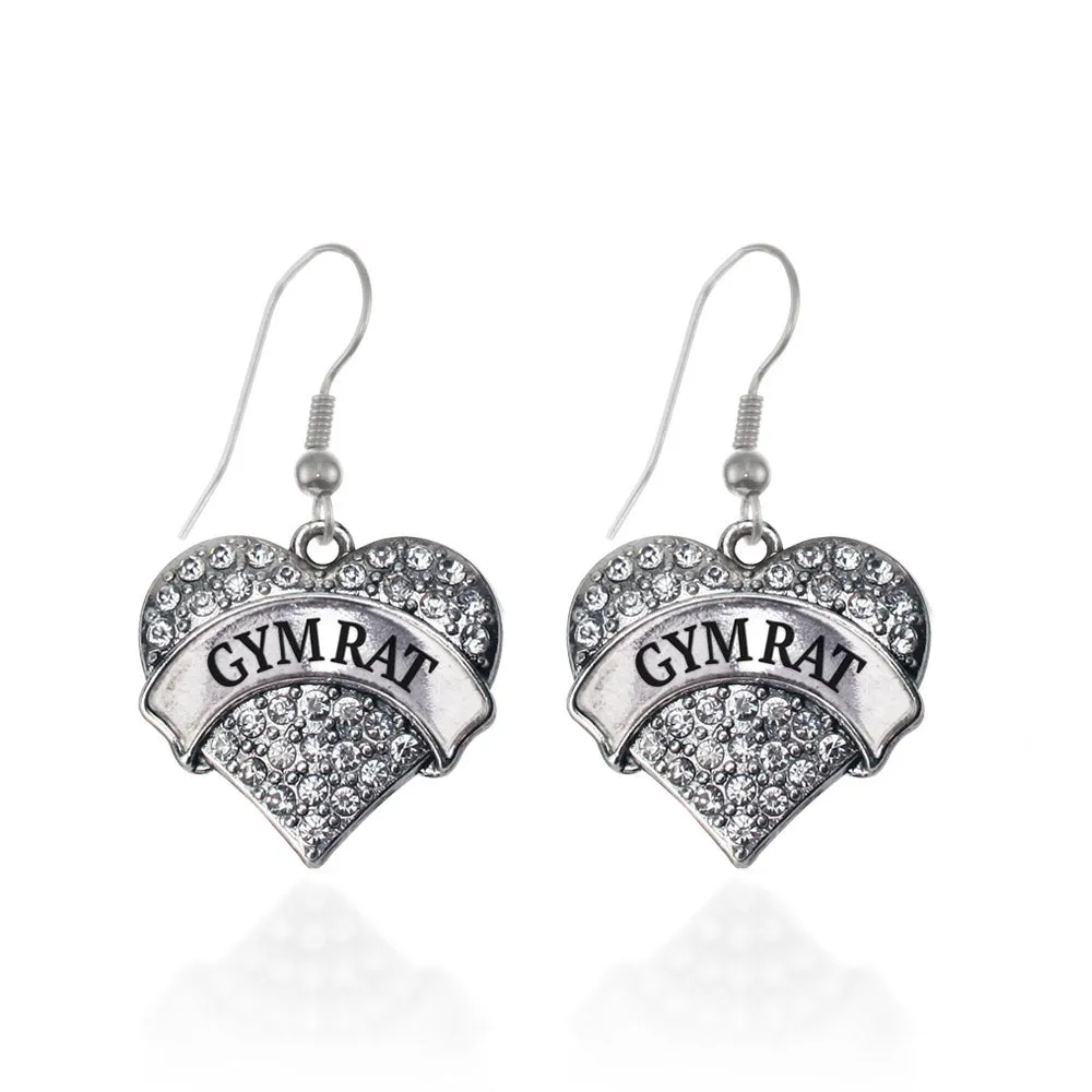 Silver Gym Rat Pave Heart Charm Dangle Earrings
