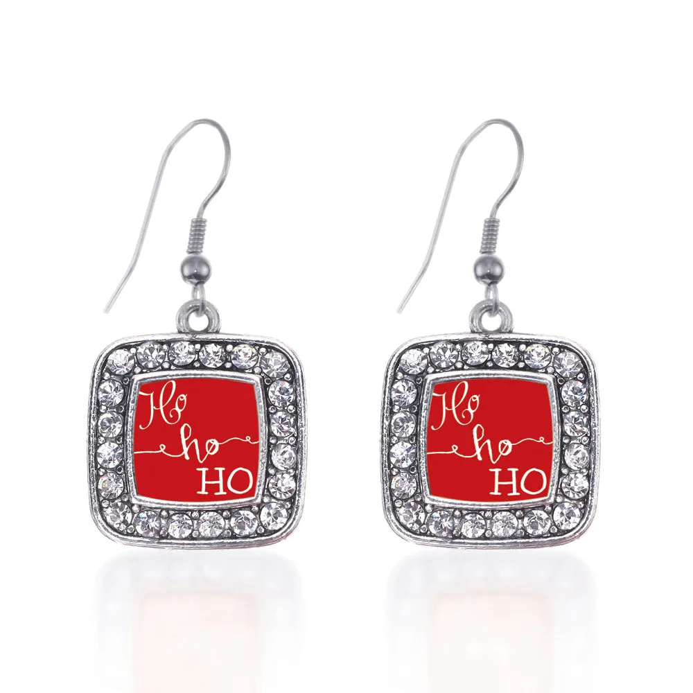 Silver Ho Ho Ho Square Charm Dangle Earrings