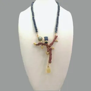 Sodalite Beads & Carved Sodlite Owl, Red Coral Branches & Yellow Quartz Drop & Jade Leaf Necklace