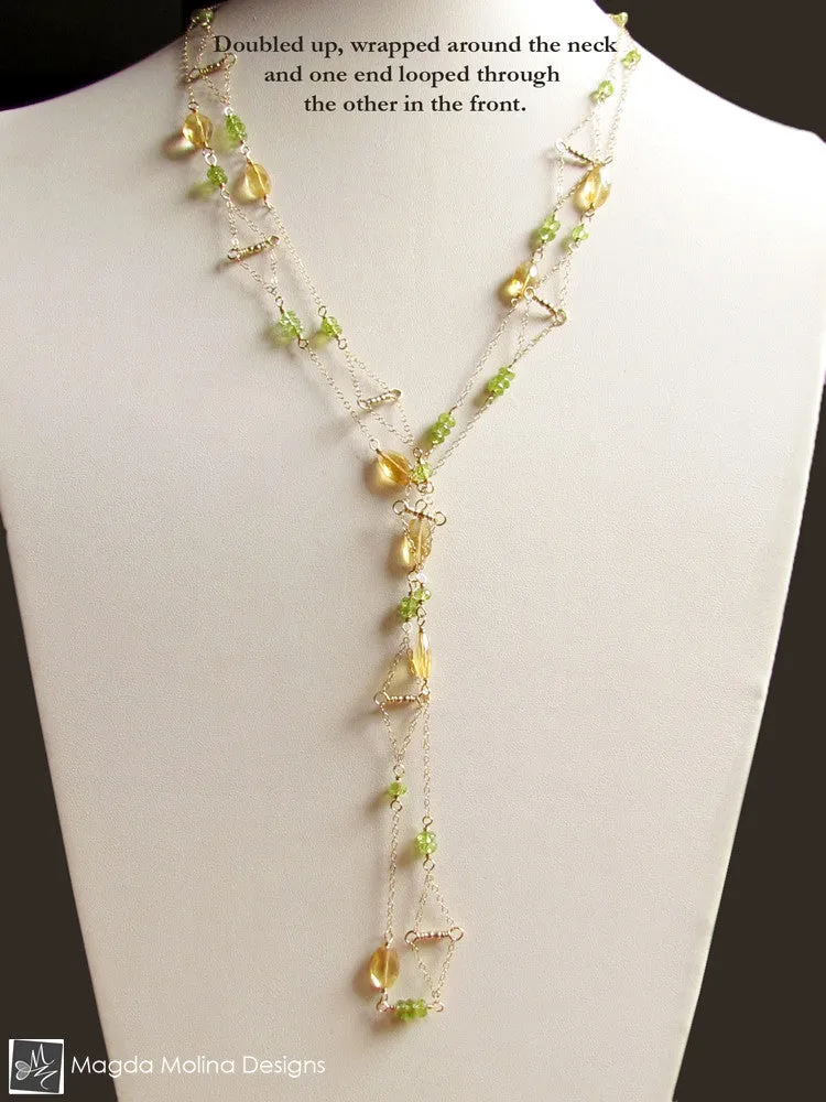 The Long Gold, Citrine & Peridot "Floating Kites" Necklace