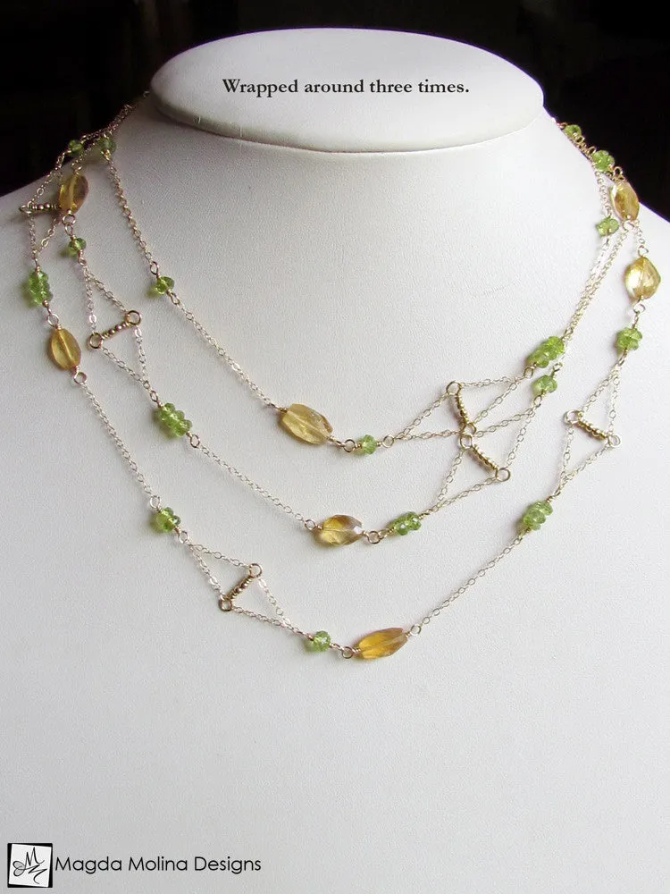 The Long Gold, Citrine & Peridot "Floating Kites" Necklace