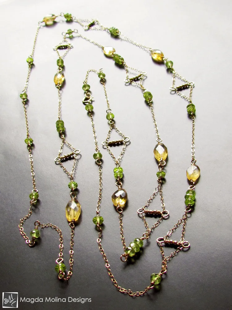 The Long Gold, Citrine & Peridot "Floating Kites" Necklace
