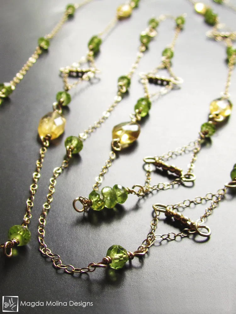 The Long Gold, Citrine & Peridot "Floating Kites" Necklace