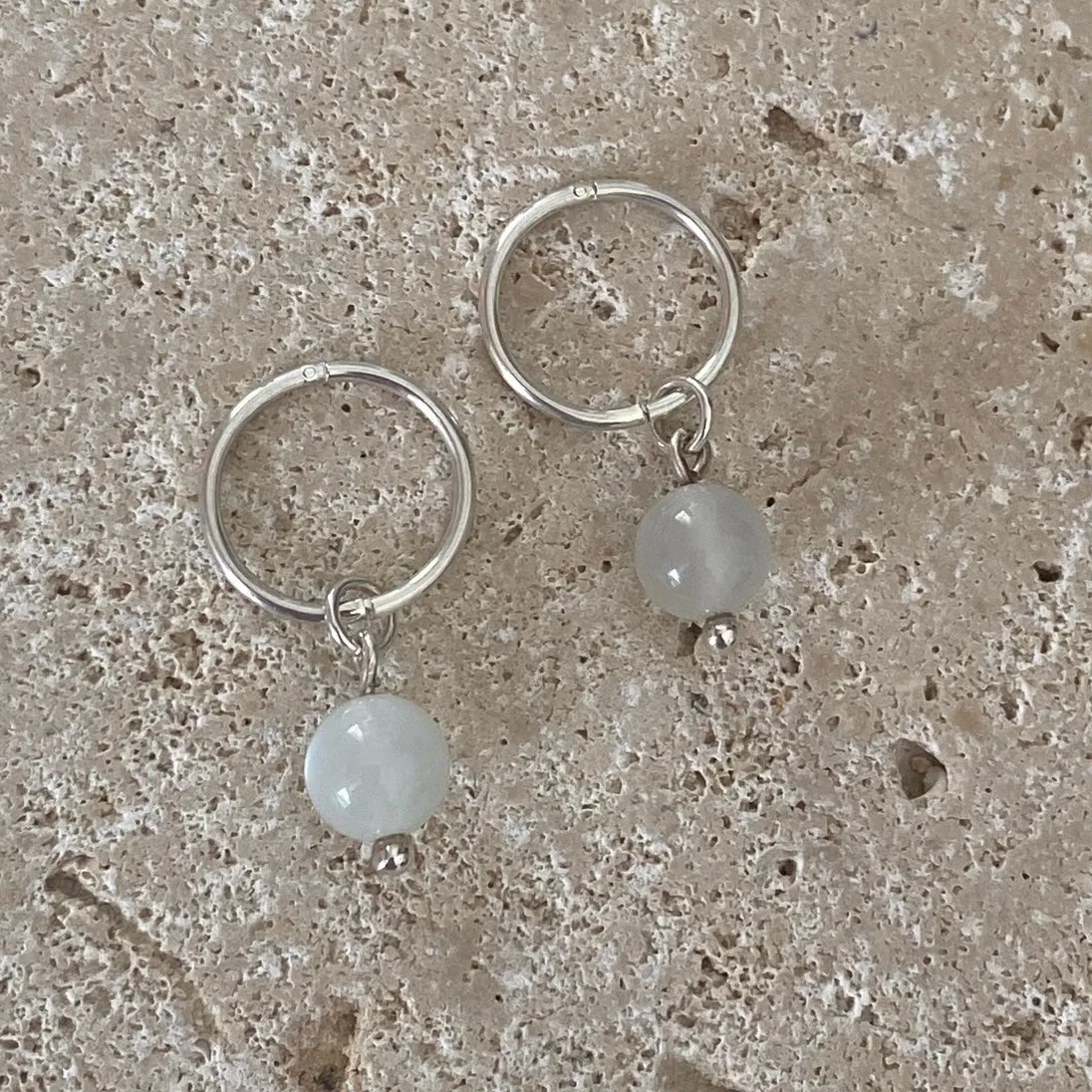 White Moonstone Sterling Silver Sleeper Hoop Earrings