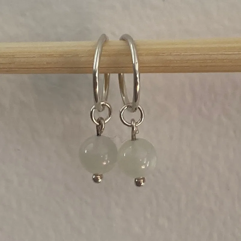 White Moonstone Sterling Silver Sleeper Hoop Earrings
